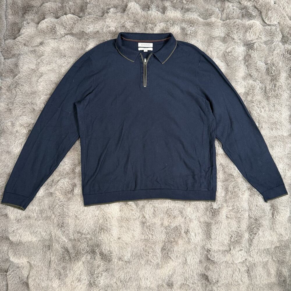 Autograph Men's dark blue knitted polo shirt quarter-zip neck silk-blend, Size L